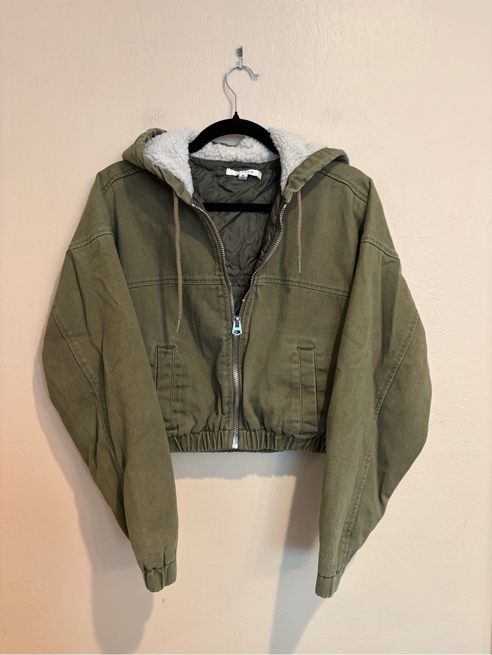 PacSun Olive Green Sherpa-Lined Hooded Crop Jacket, Y2K, Women’s size M